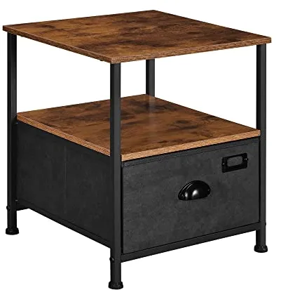 SONGMICS Nachttisch, mit 2 Regalen und 1 Schublade - rustikales braunes MDF und schwarzes Kunst-Wildleder/Metall (41x41)